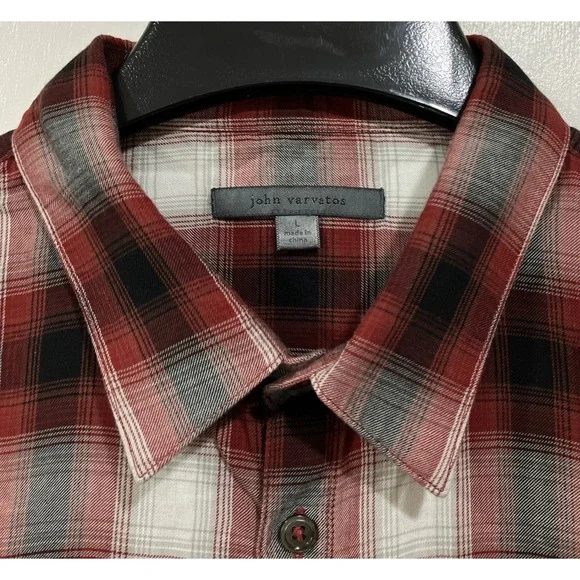 JOHN VARVATOS Shirt Mens L Plaid Button Up Double Pocket Long Sleeve Cotton Red - Picture 3 of 9